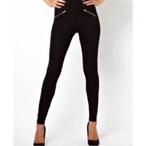 ZARA | Silver Zipper Accent Black Moto Leggings Pull On Style Women’s Size M